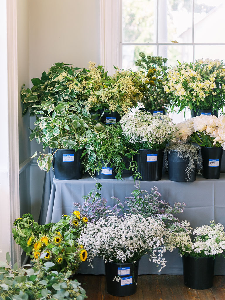 Display of various types of greenery and Baby's Breath on a table at a floral workshop in Charleston, SC