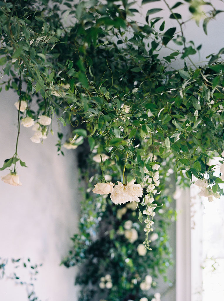 Close-up of white or light yellow flowers hanging from white ceiling and greenery in room with white walls