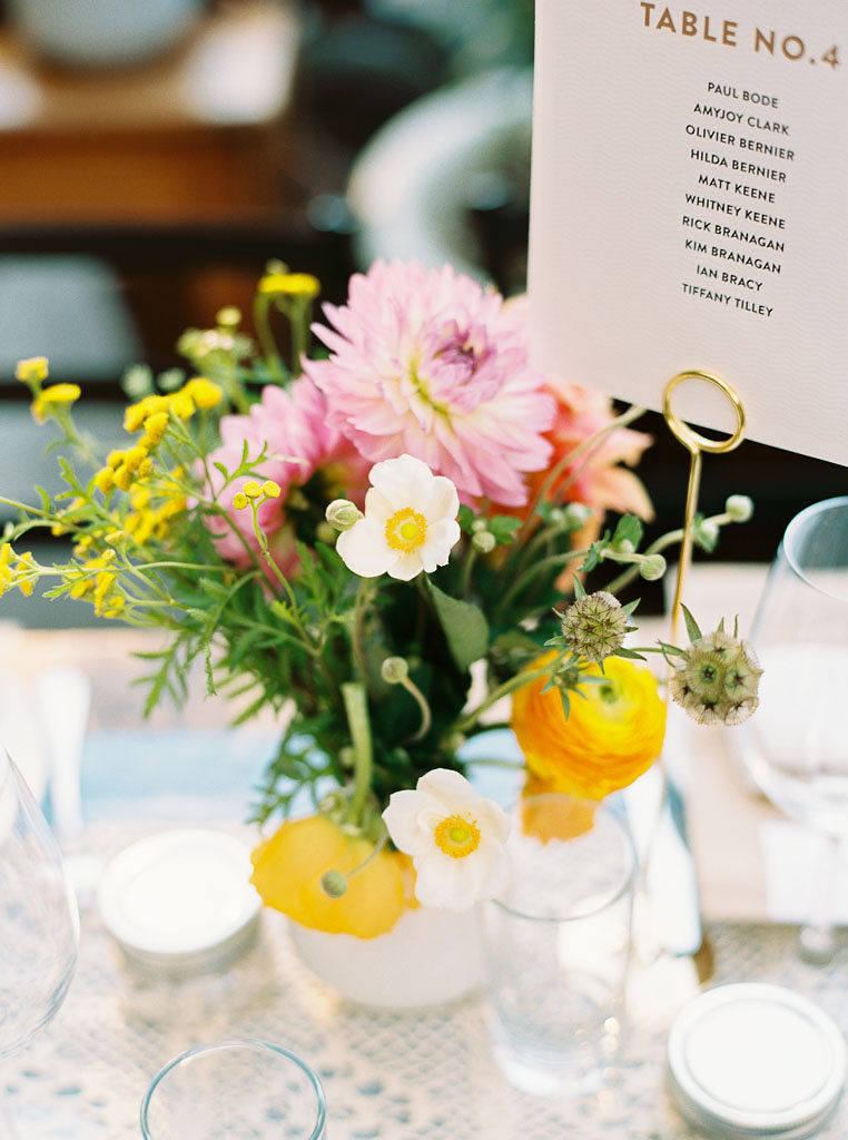 Bouquet of pink, white, and yellow wildflowers on a table with white place settings.